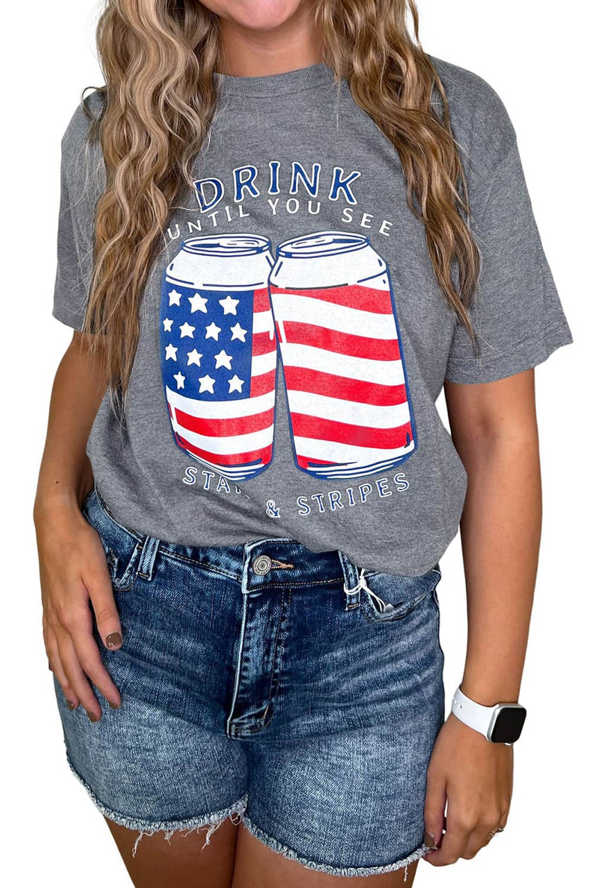 Gray USA Flag Drink Cans Slogan Graphic Tee