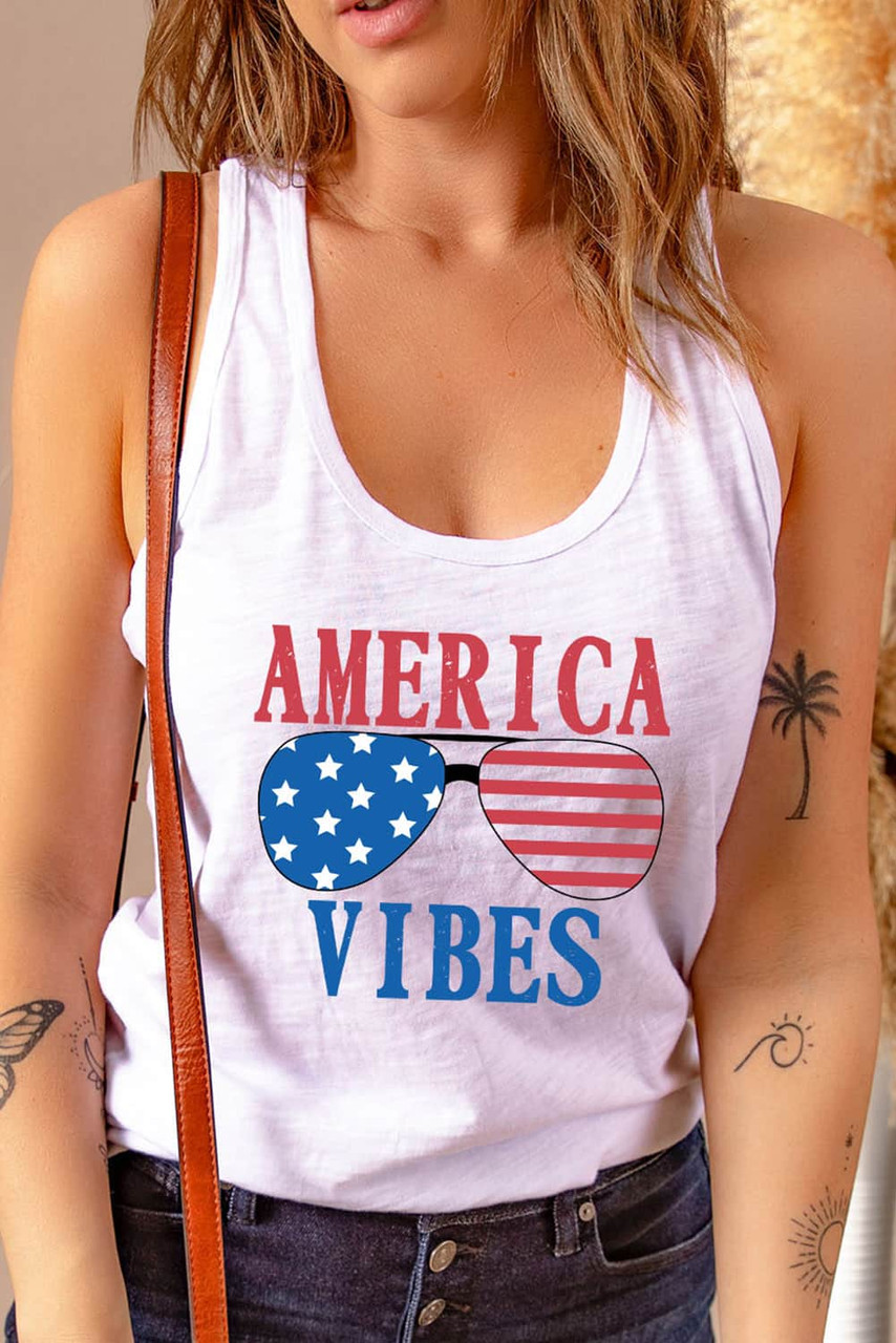 White AMERICA VIBES Sunglasses Graphic Print Racerback Tank Top