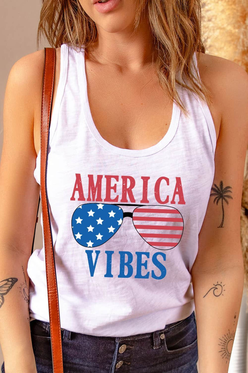 White AMERICA VIBES Sunglasses Graphic Print Racerback Tank Top White AMERICA VIBES Sunglasses Graphic Print Racerback Tank Top
