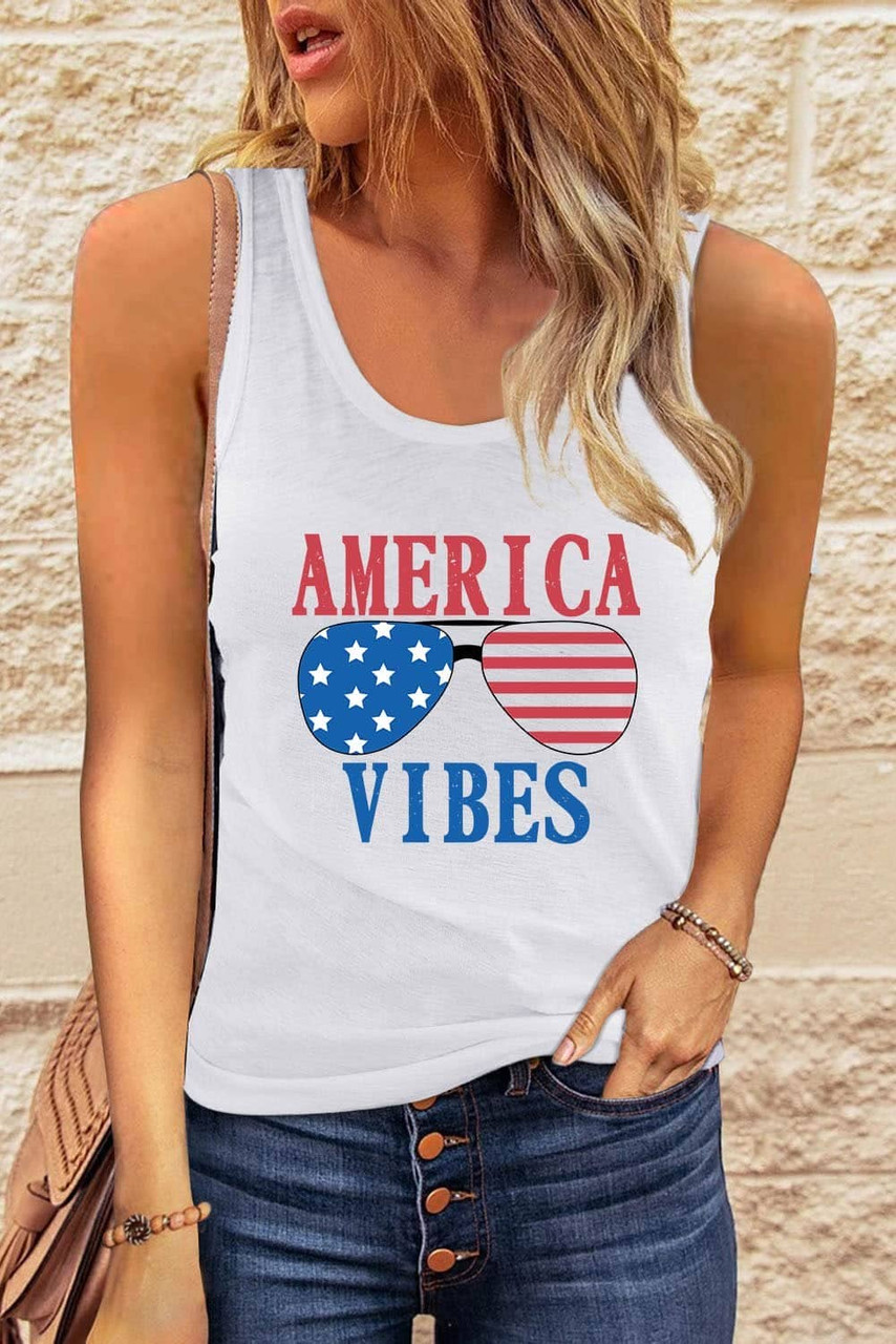 White AMERICA VIBES Sunglasses Graphic Print Racerback Tank Top White AMERICA VIBES Sunglasses Graphic Print Racerback Tank Top