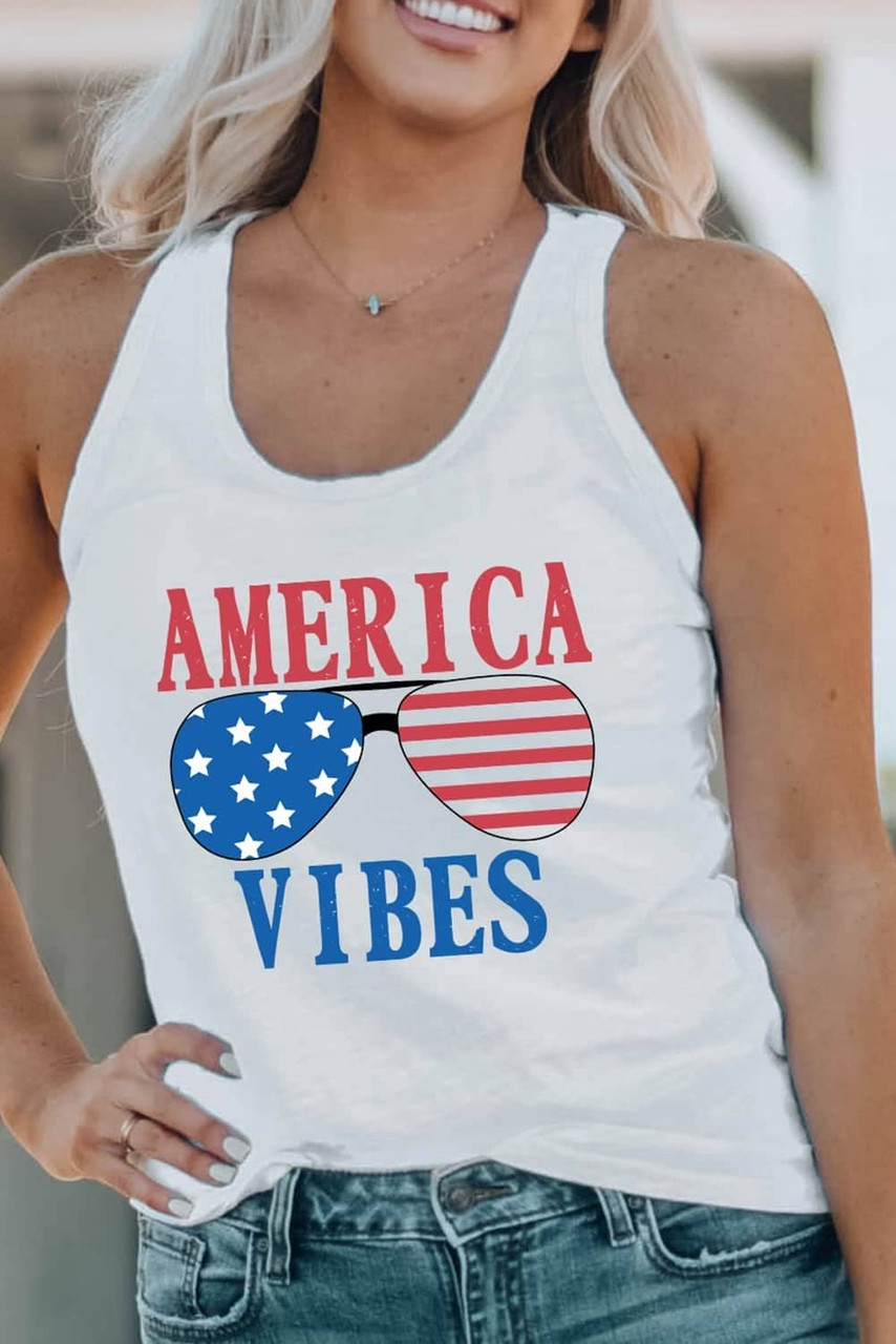White AMERICA VIBES Sunglasses Graphic Print Racerback Tank Top White AMERICA VIBES Sunglasses Graphic Print Racerback Tank Top