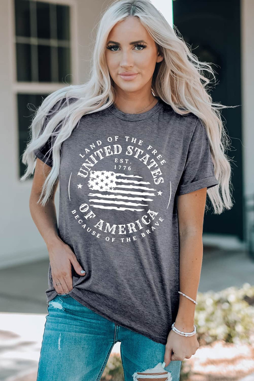 Gray United States Of America Flag Graphic Print T Shirt