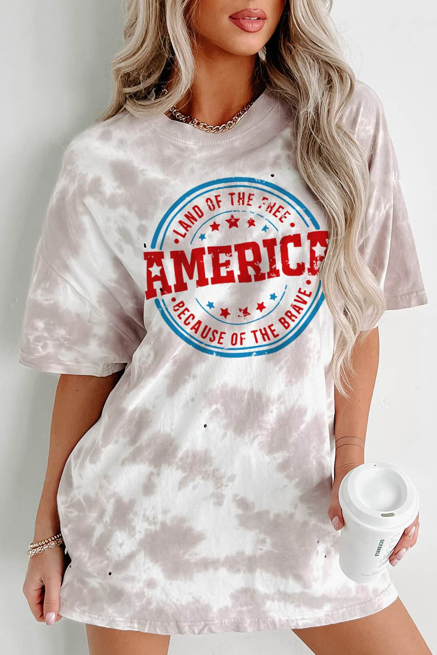 White Oversized Tie-dye AMERICA Graphic T-shirt with Distressing