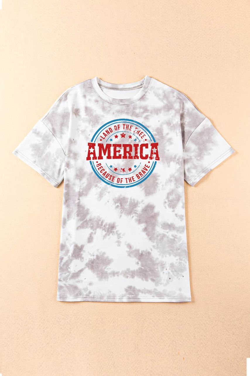 White Oversized Tie-dye AMERICA Graphic T-shirt with Distressing