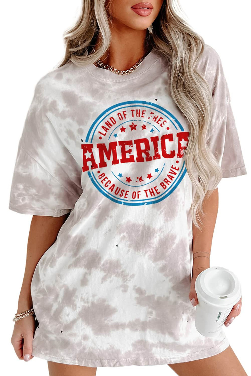 White Oversized Tie-dye AMERICA Graphic T-shirt with Distressing