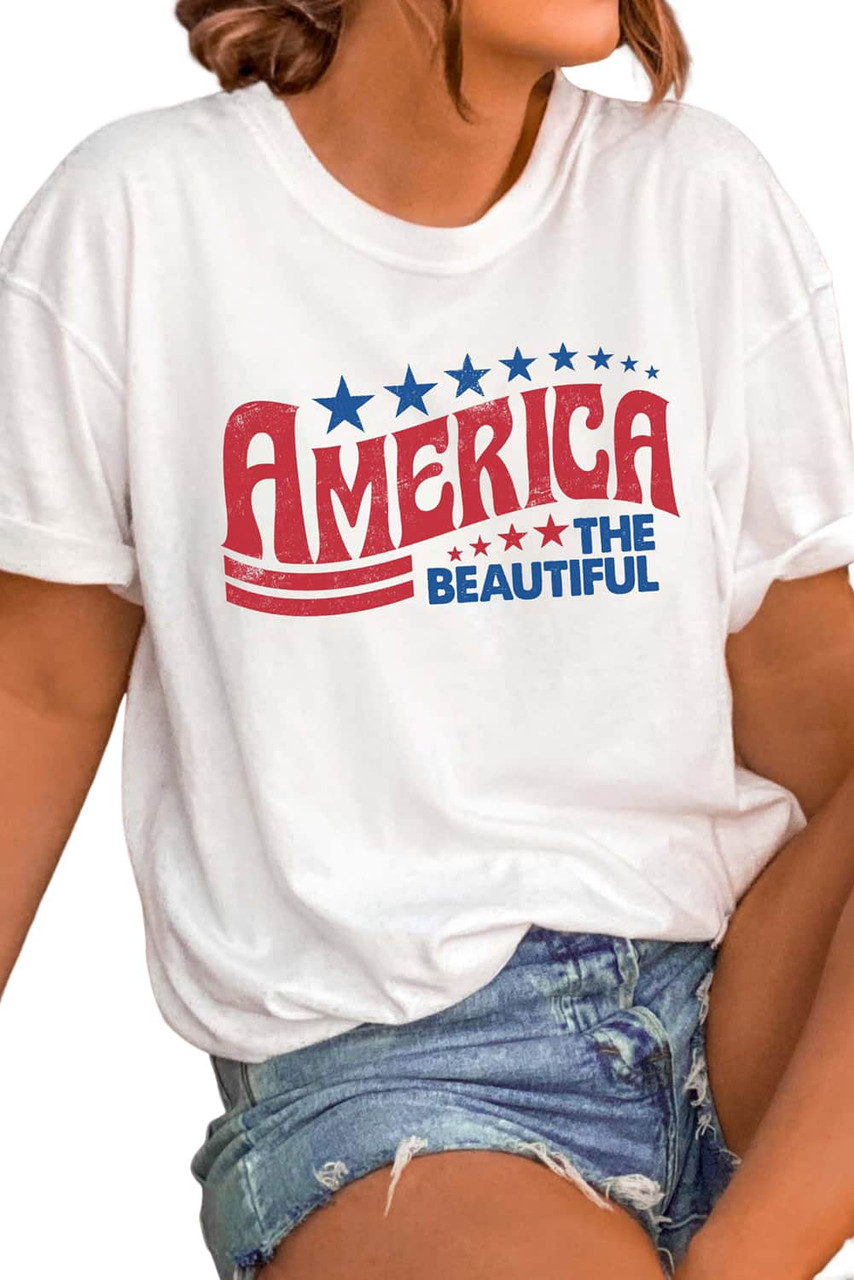 White AMERICA THE BEAUTIFUL Patriotic Graphic T Shirt
