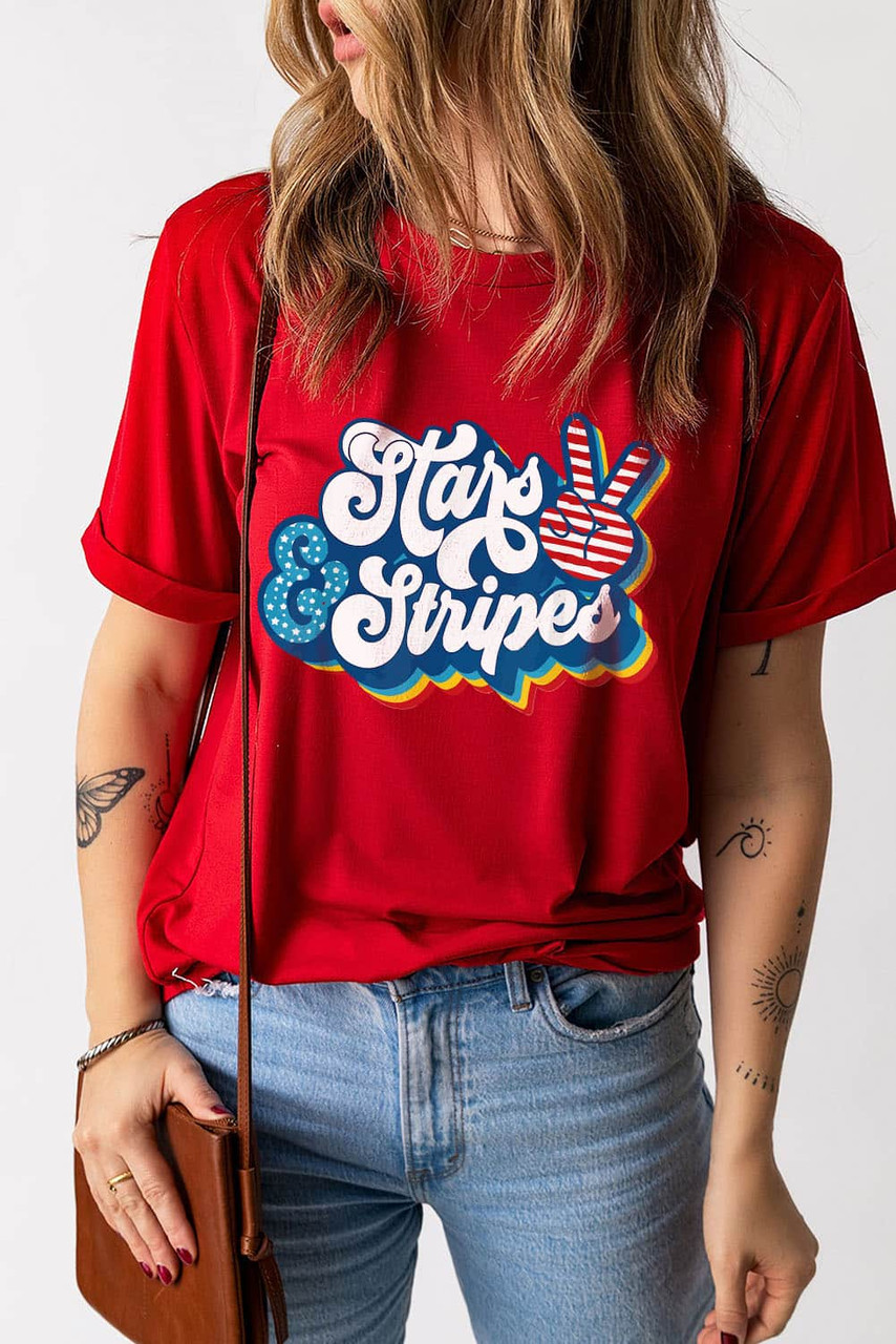 Fiery Red Stars & Stripes Graphic Crew Neck T Shirt