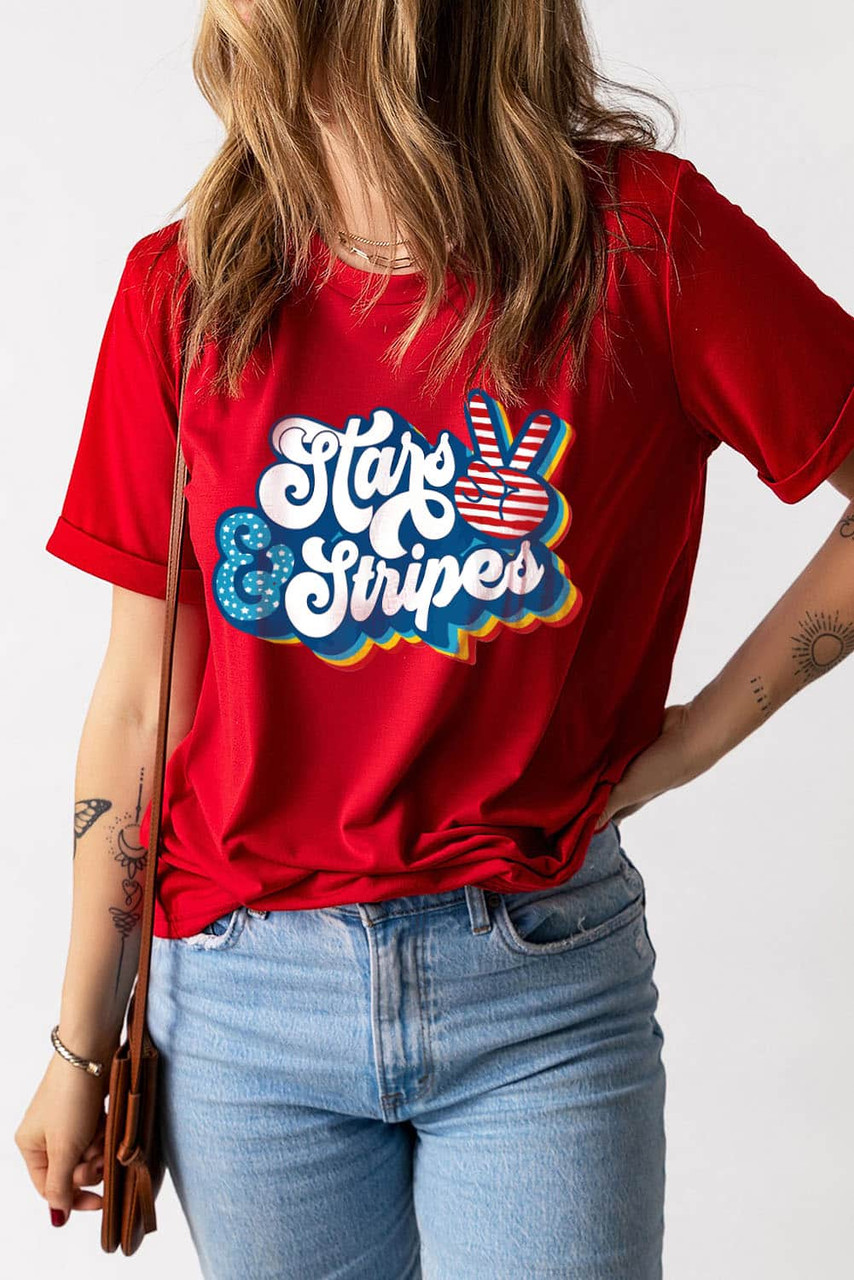 Fiery Red Stars & Stripes Graphic Crew Neck T Shirt