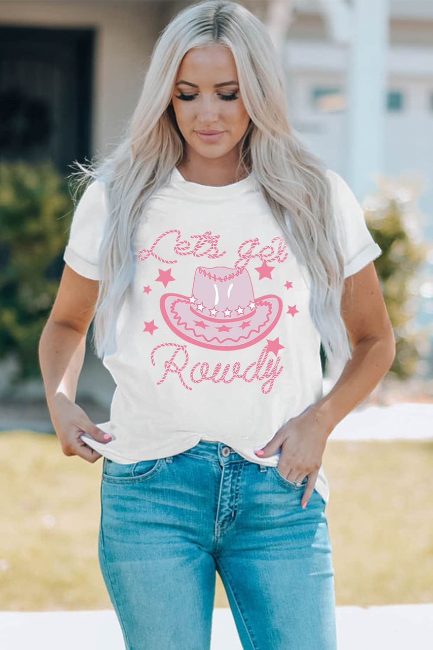 White Lets Get Rowdy Cowgirl Hat Print T Shirt