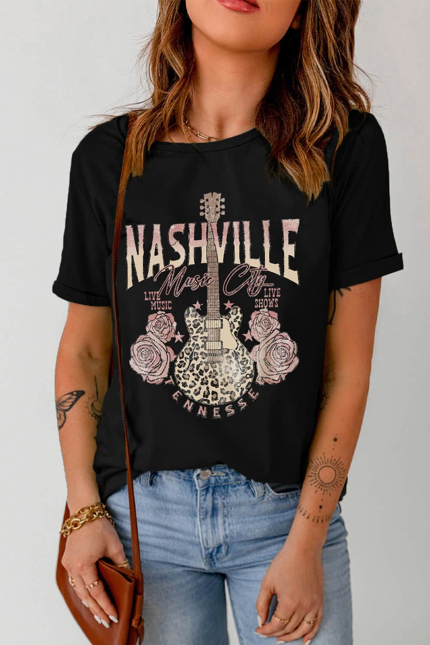 Black Nashville Music City Leopard Guitar Graphic T Shirt