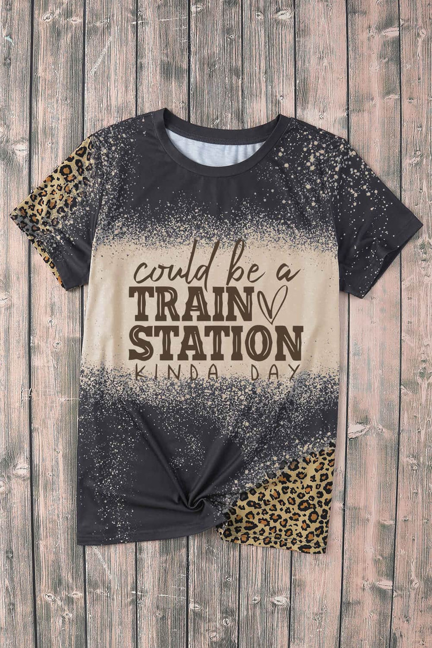 Gray Slogan Graphic Leopard Bleached Tee Shirt