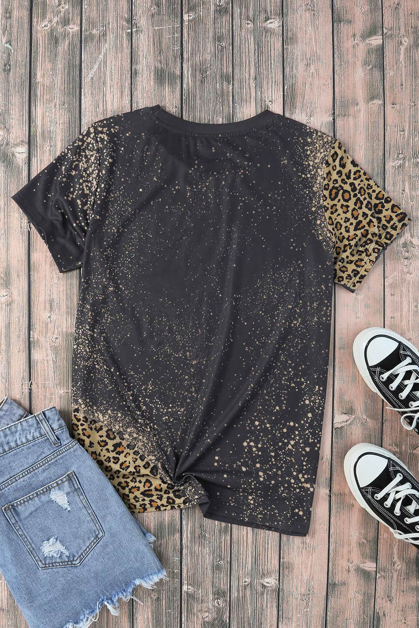 Gray Slogan Graphic Leopard Bleached Tee Shirt