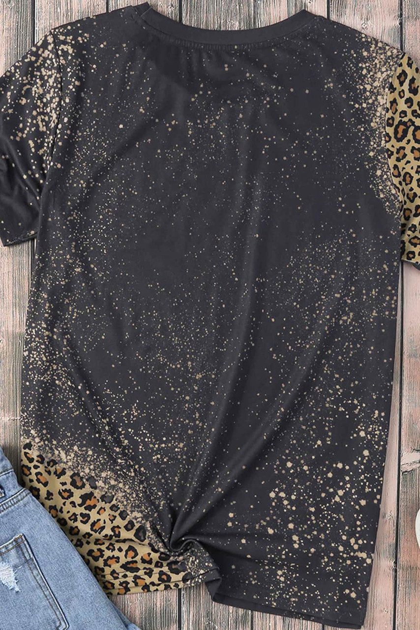 Gray Slogan Graphic Leopard Bleached Tee Shirt