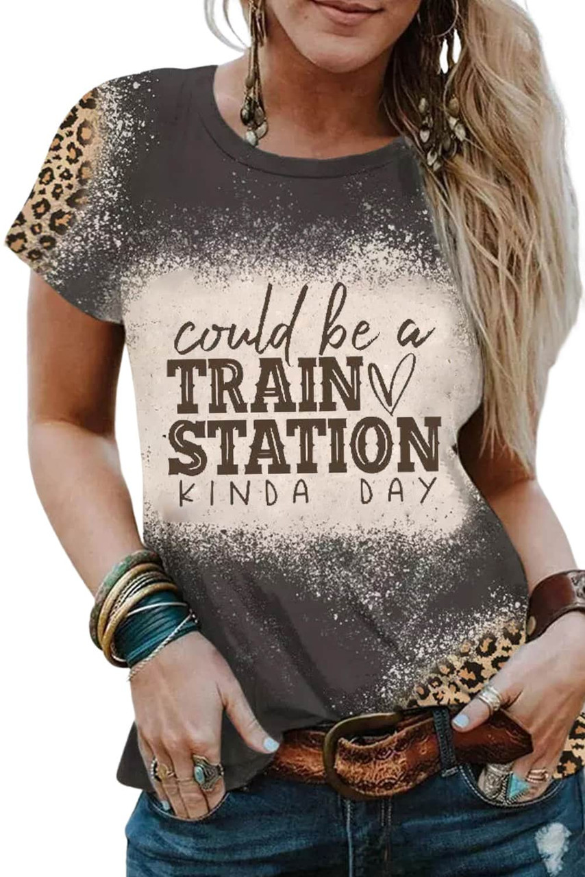 Gray Slogan Graphic Leopard Bleached Tee Shirt