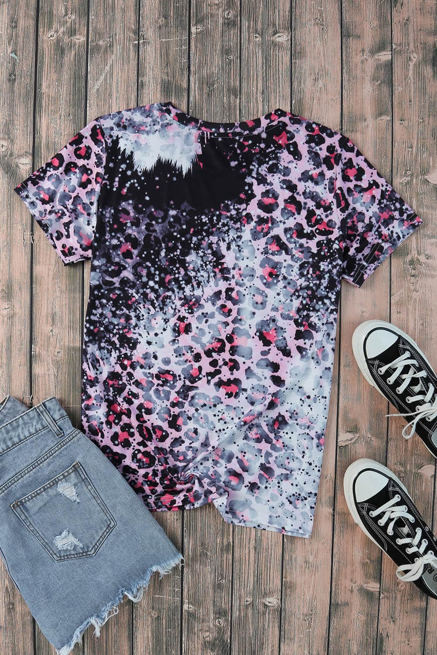 Pink Mom Life Slogan Leopard Bleached Graphic Tee