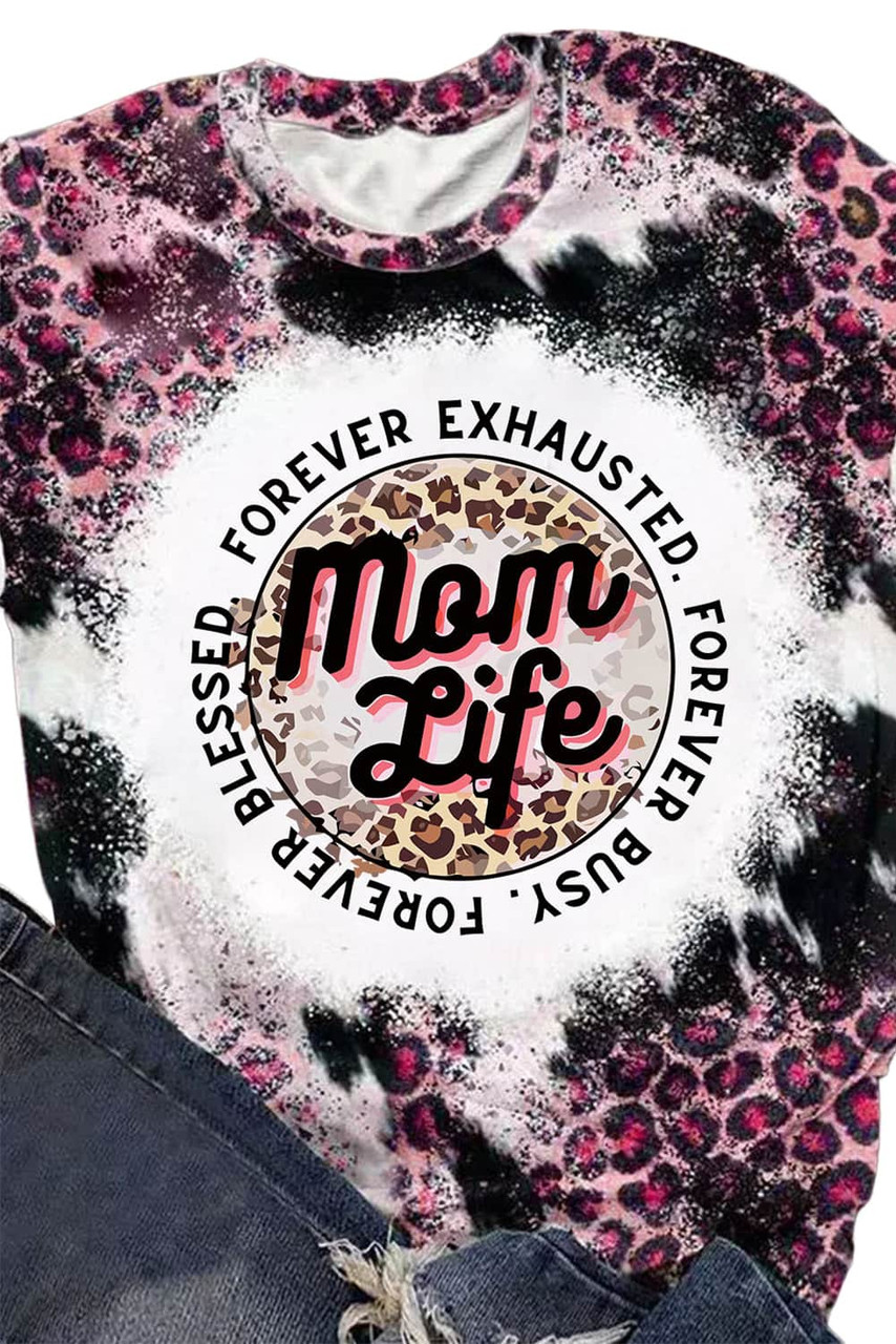 Pink Mom Life Slogan Leopard Bleached Graphic Tee