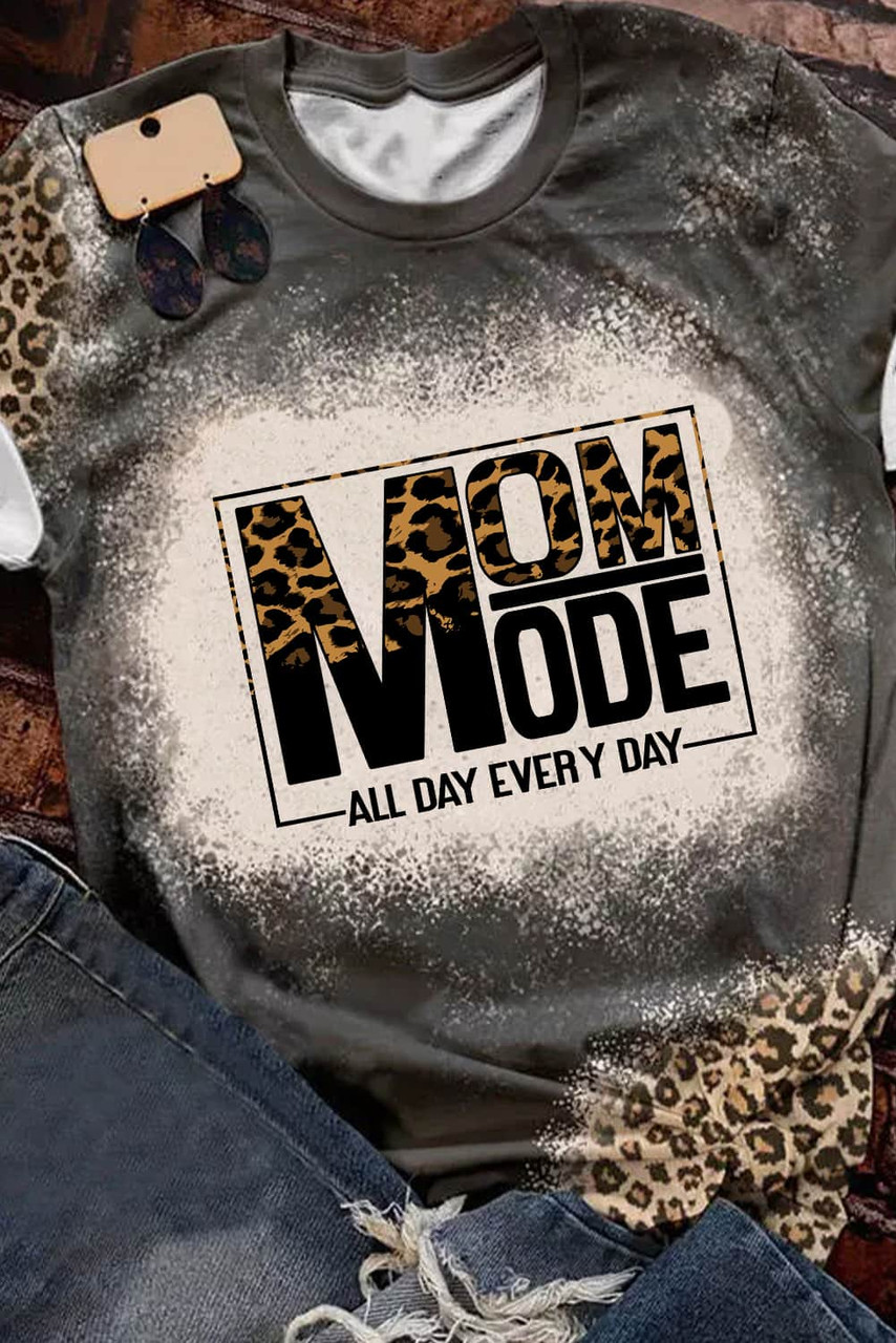 Gray MOM MODE Leopard Bleach Print Vintage Graphic Tee