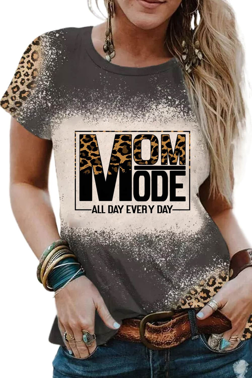 Gray MOM MODE Leopard Bleach Print Vintage Graphic Tee