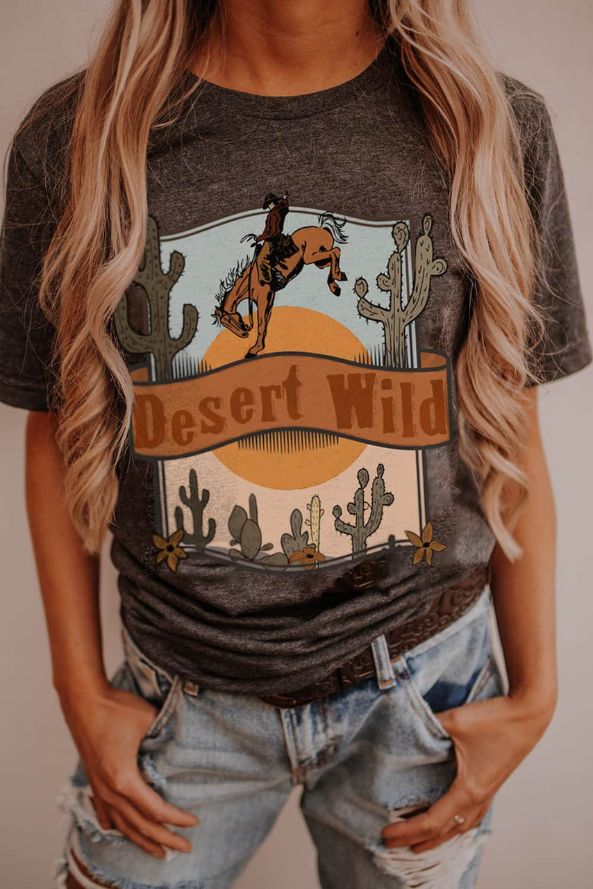 Gray Desert Wild Cowboy Cactus Print Short Sleeve Graphic Tee