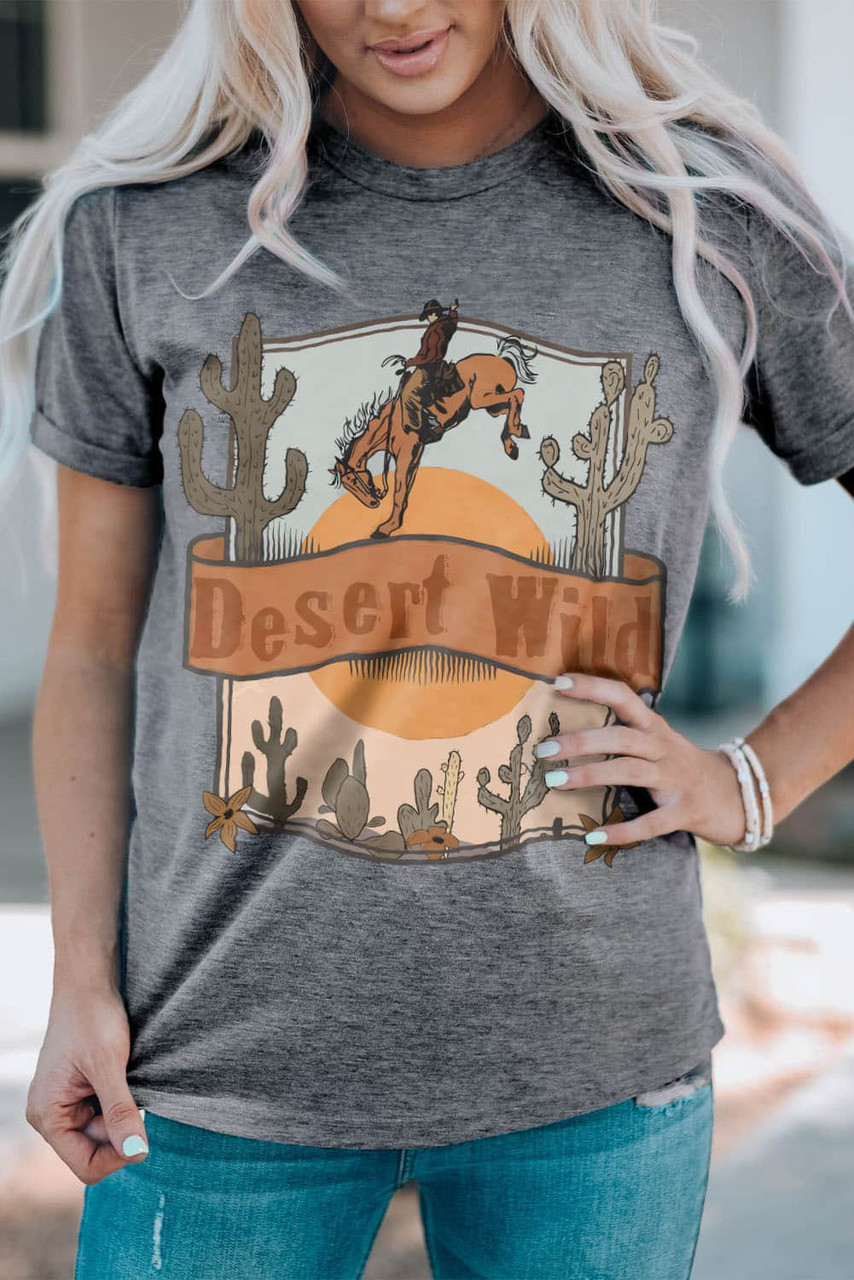 Gray Desert Wild Cowboy Cactus Print Short Sleeve Graphic Tee