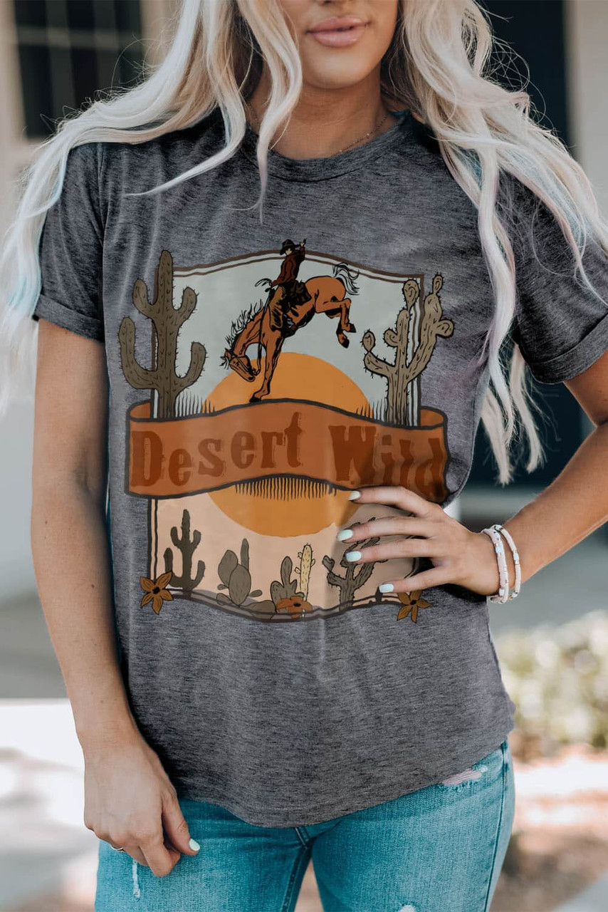 Gray Desert Wild Cowboy Cactus Print Short Sleeve Graphic Tee
