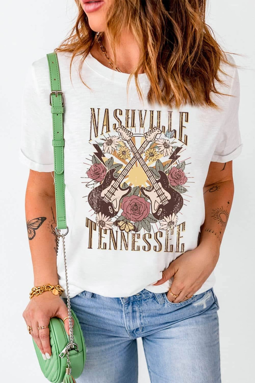 White Nashville Tennessee Guitar Rose Graphic Crewneck Tee