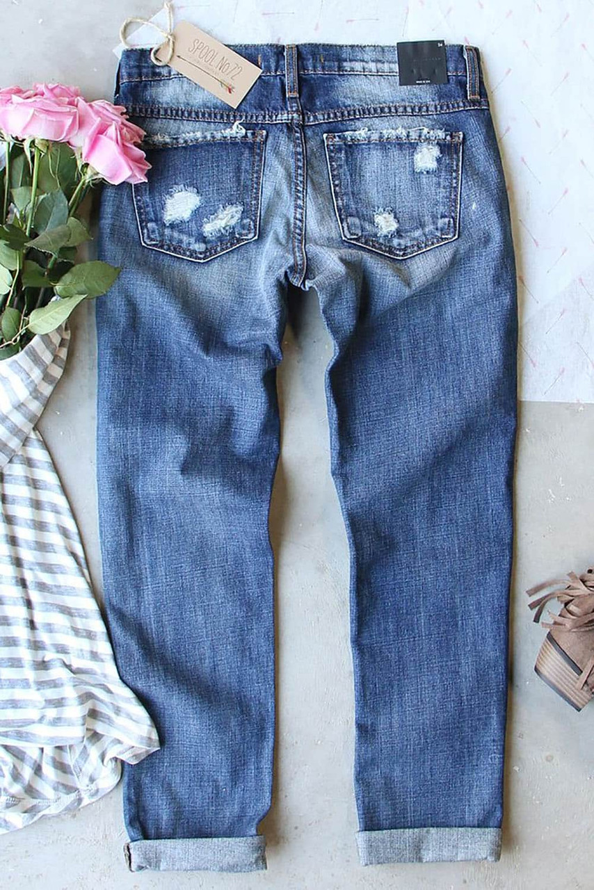 Sky Blue Valentines Day Heart Patchwork Distressed Jeans