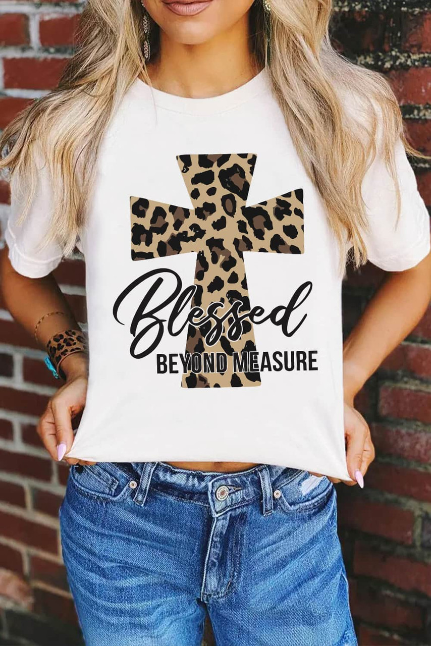 White Blessed Leopard Cross Graphic T Shirt