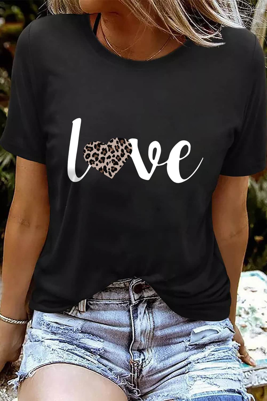 Black Leopard Heart Love Graphic T Shirt