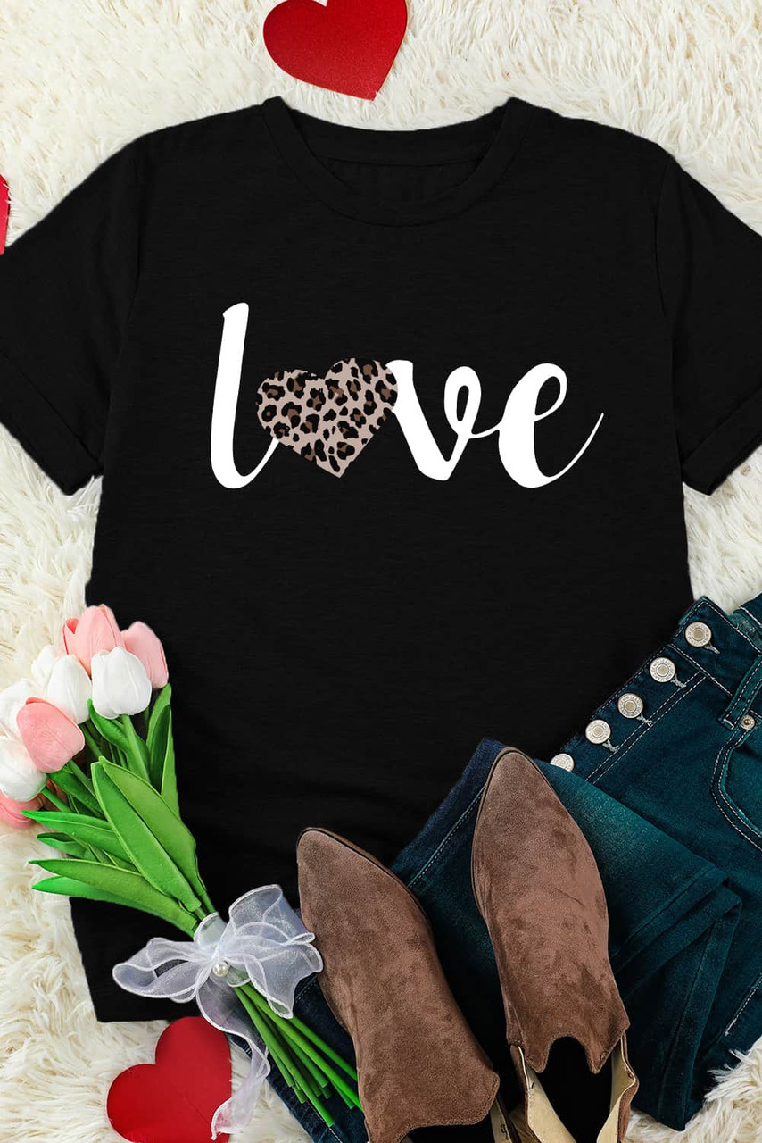 Black Leopard Heart Love Graphic T Shirt