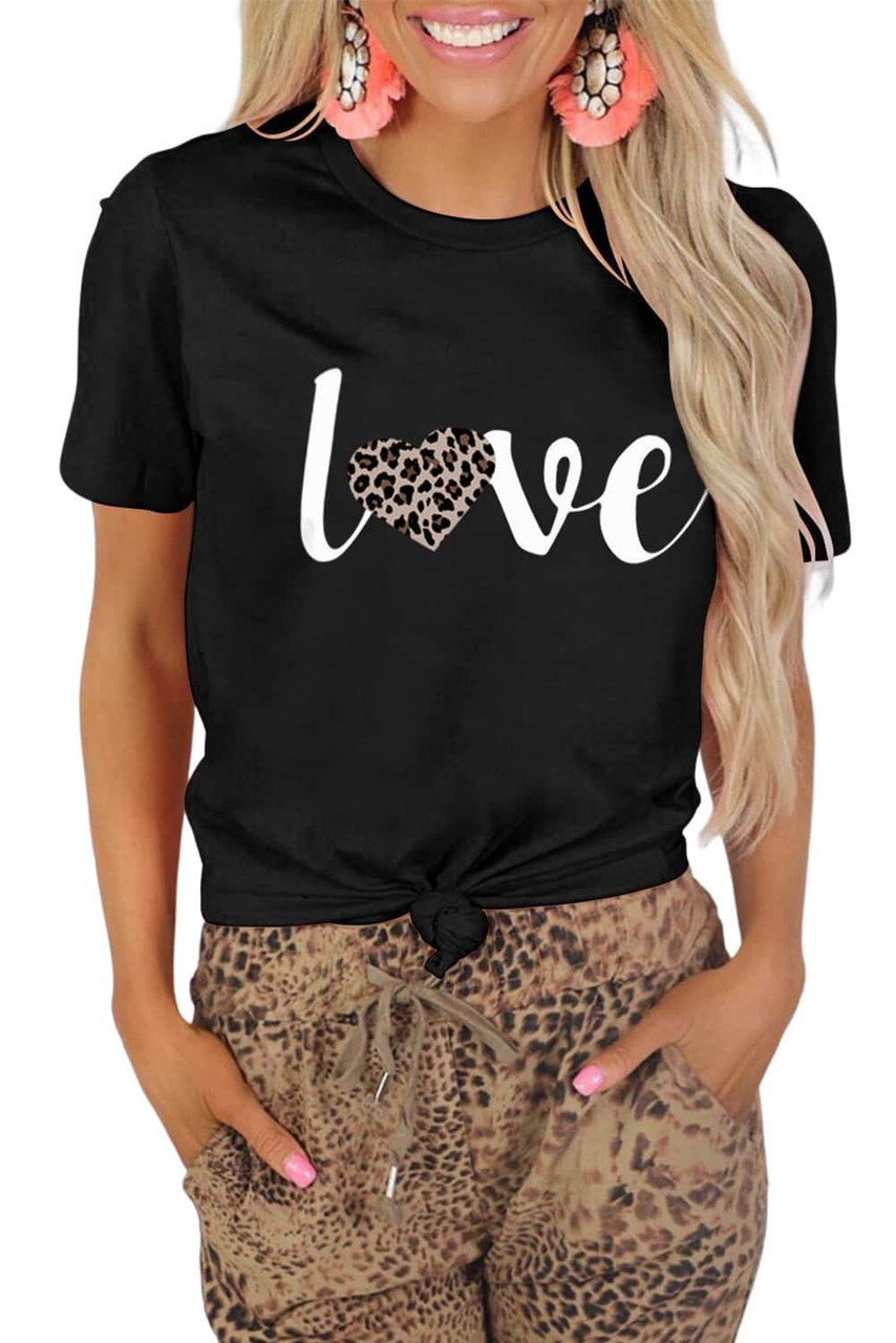 Black Leopard Heart Love Graphic T Shirt