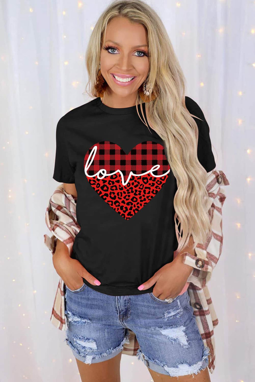 Black Love Leopard Plaid Heart Shaped Crewneck T Shirt