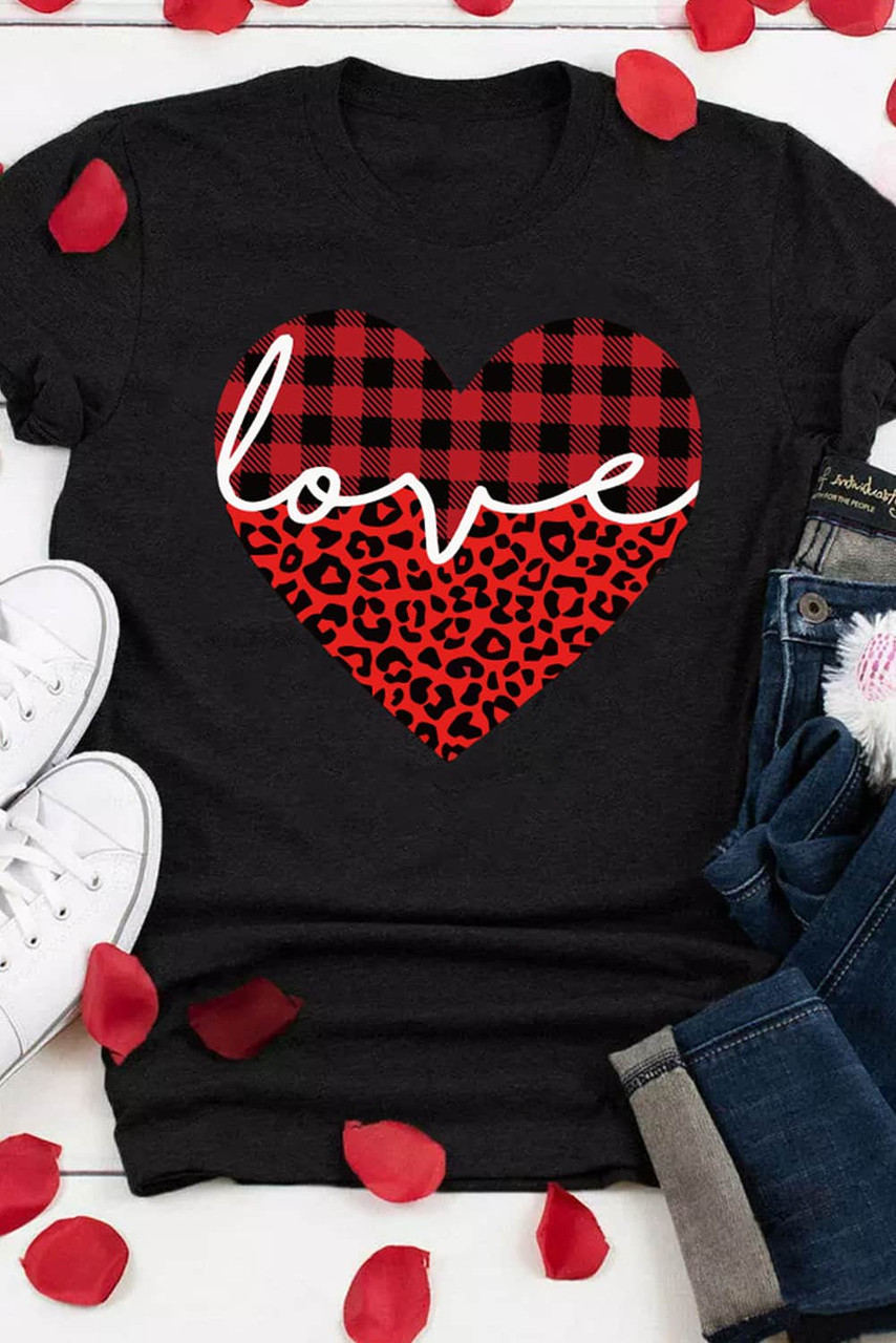 Black Love Leopard Plaid Heart Shaped Crewneck T Shirt