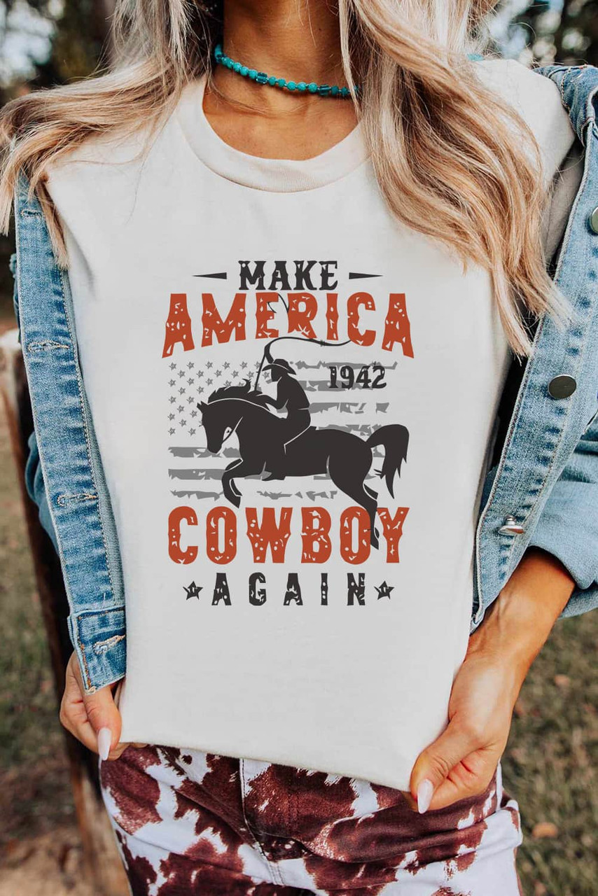 White America Cowboy Slogan Graphic Crew Neck T Shirt