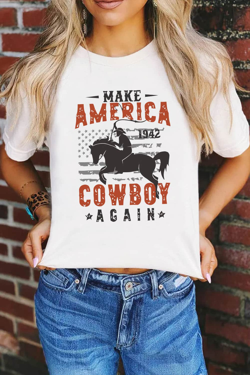 White America Cowboy Slogan Graphic Crew Neck T Shirt