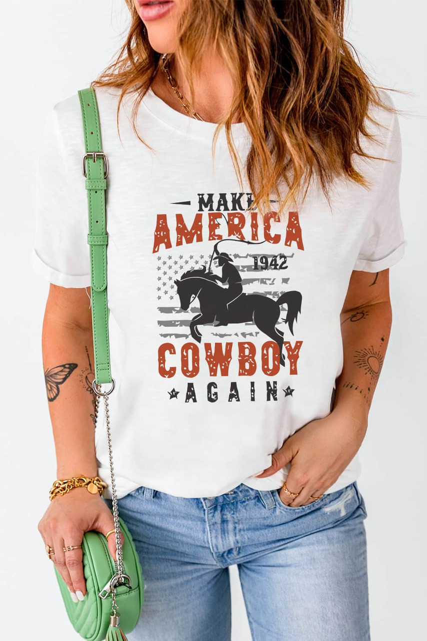 White America Cowboy Slogan Graphic Crew Neck T Shirt
