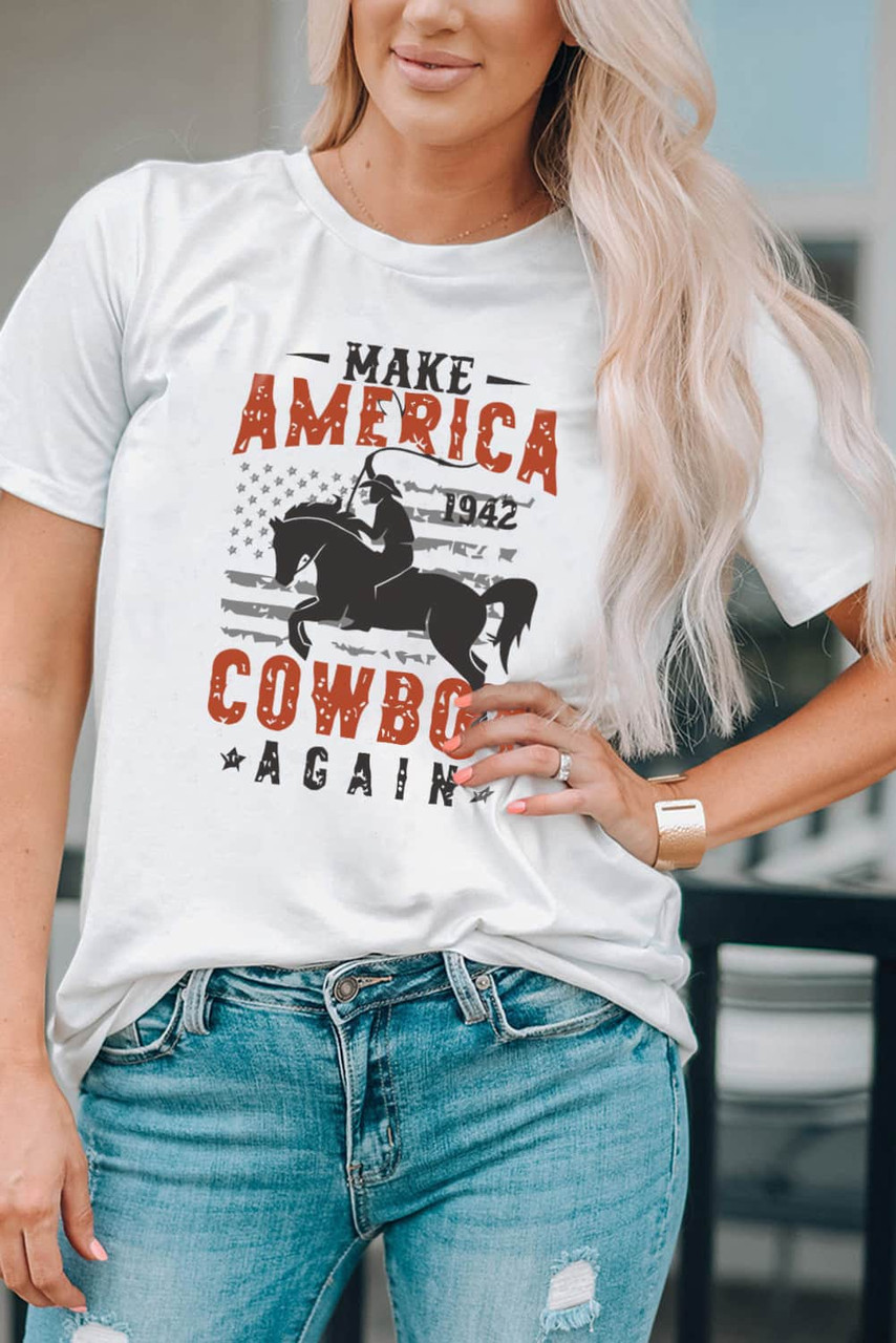 White America Cowboy Slogan Graphic Crew Neck T Shirt