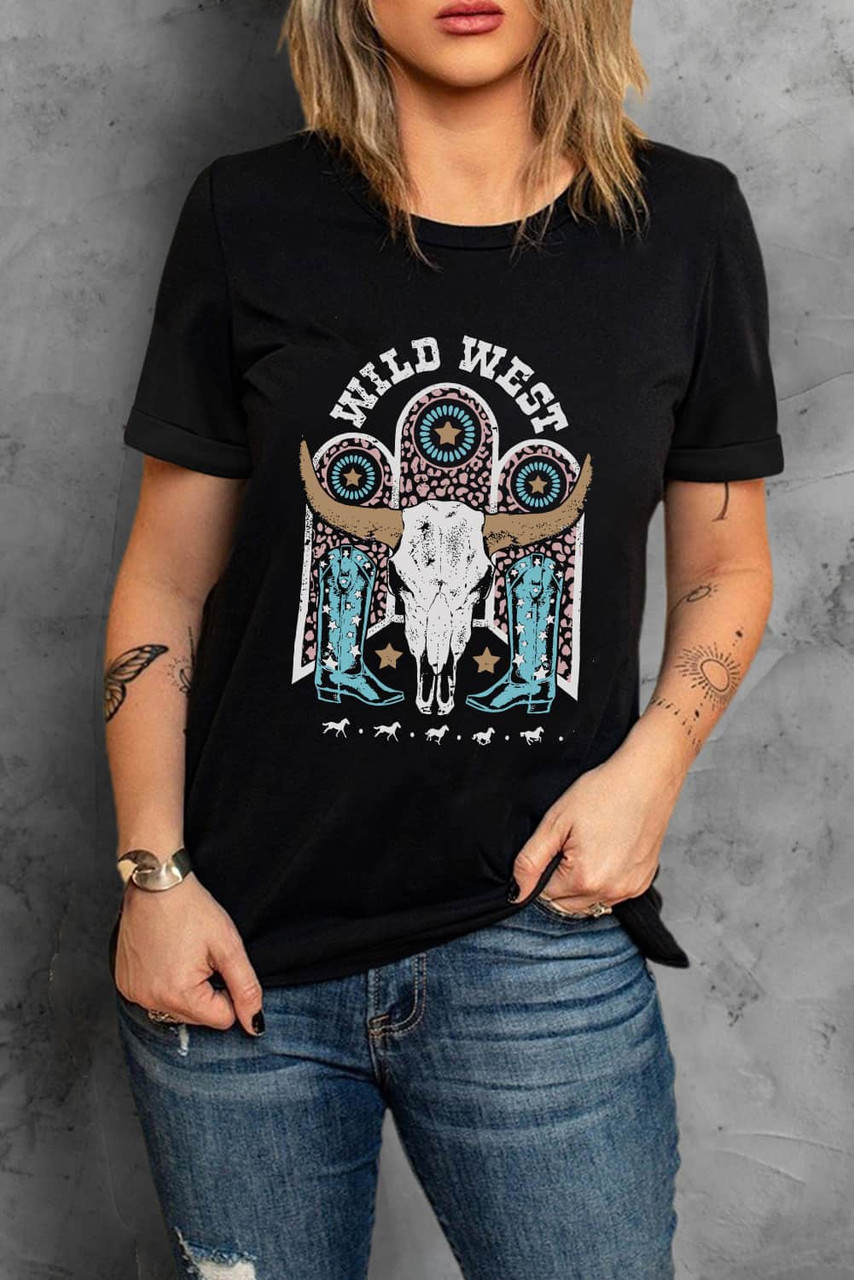 Black WILD WEST Steer Skull Graphic T Shirt