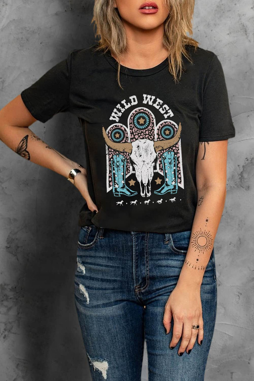 Black WILD WEST Steer Skull Graphic T Shirt