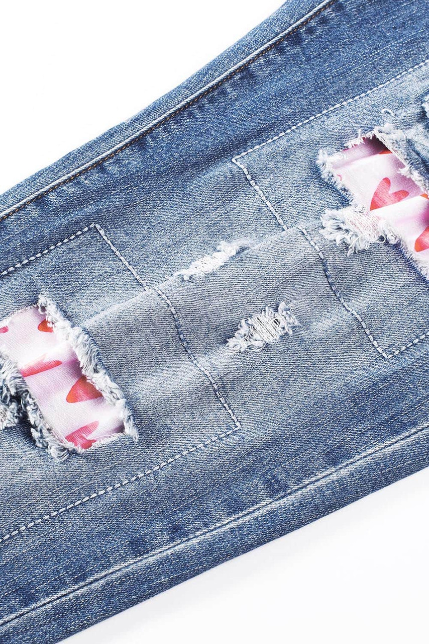 Sky Blue Valentines Day Heart Patchwork Jeans Sky Blue Valentines Day Heart Patchwork Jeans