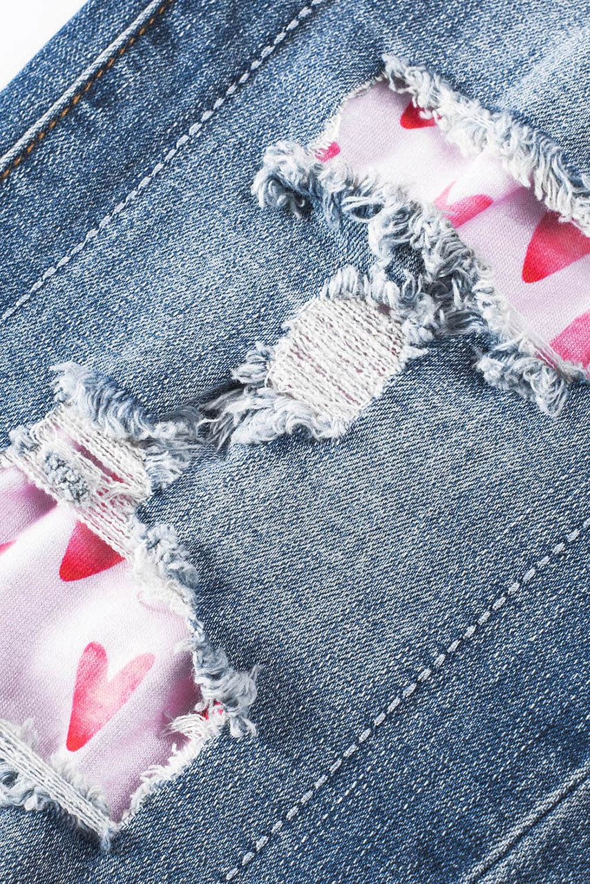 Sky Blue Valentines Day Heart Patchwork Jeans Sky Blue Valentines Day Heart Patchwork Jeans