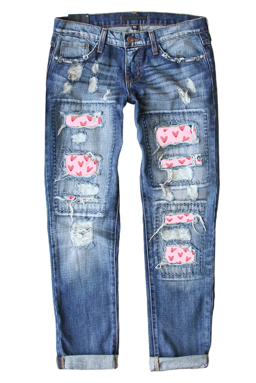 Sky Blue Valentines Day Heart Patchwork Jeans Sky Blue Valentines Day Heart Patchwork Jeans