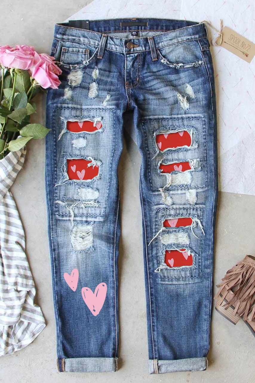 Sky Blue Heart Shaped Patchwork Straight Leg Distressed Jeans
