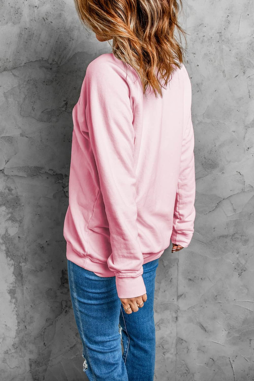 Pink Letters Print Ribbed Knit Trim Sweatshirt