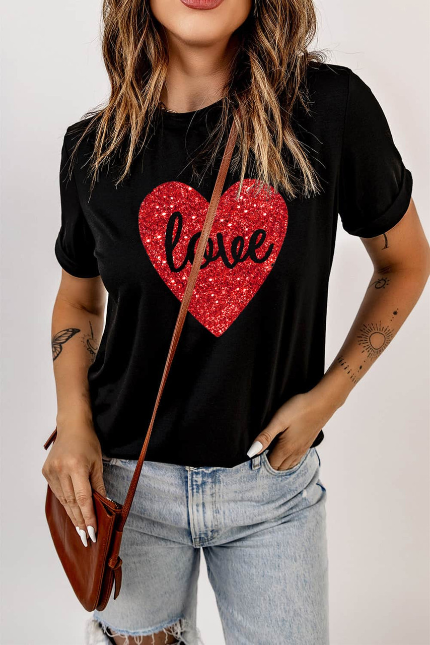 Black Love Heart Shaped Glitter Print T Shirt