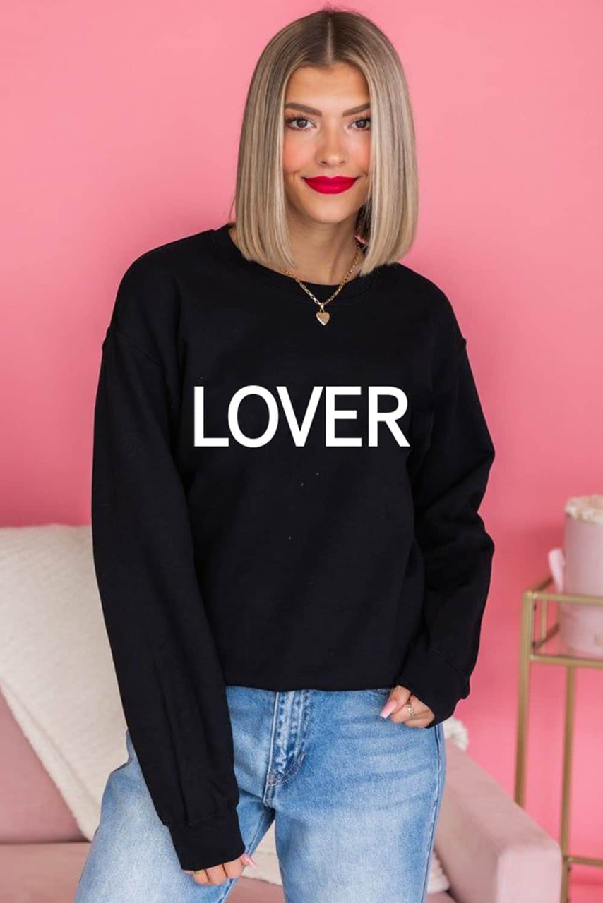 Black LOVER Letter Print Crew Neck Pullover Sweatshirt