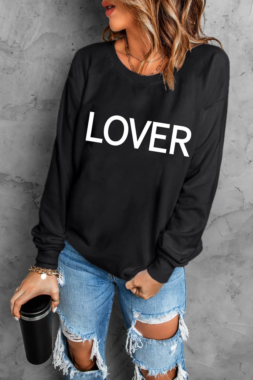 Black LOVER Letter Print Crew Neck Pullover Sweatshirt