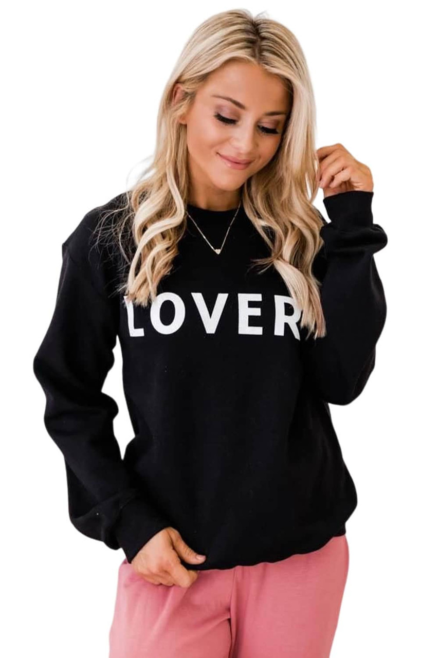 Black LOVER Letter Print Crew Neck Pullover Sweatshirt