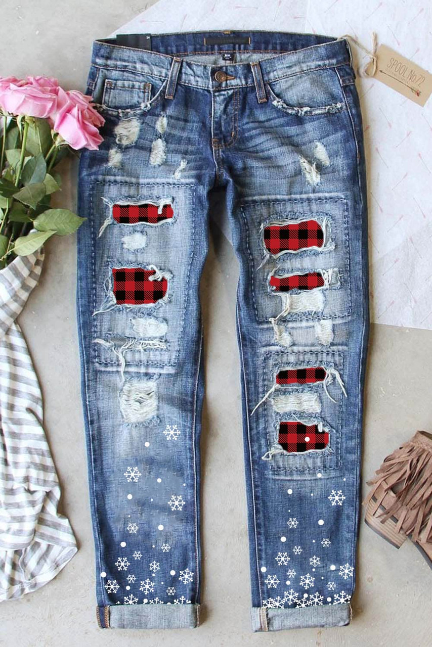 Sky Blue Buffalo Plaid Patch Christmas Snowflake Distressed Straight Jeans Sky Blue Buffalo Plaid Patch Christmas Snowflake Distressed Straight Jeans