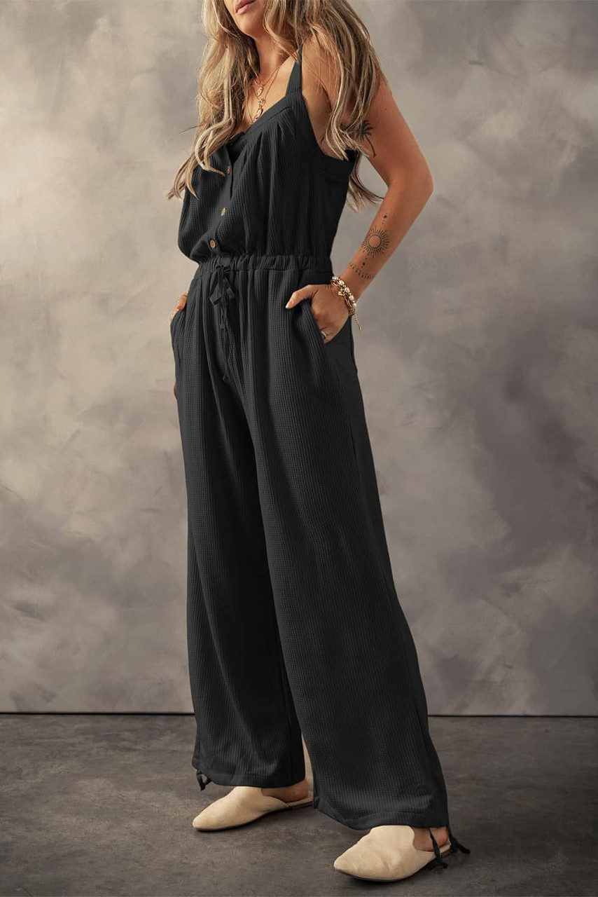 Black Knotted Straps Button Textured Drawstring Jumpsuit Black Knotted Straps Button Textured Drawstring Jumpsuit